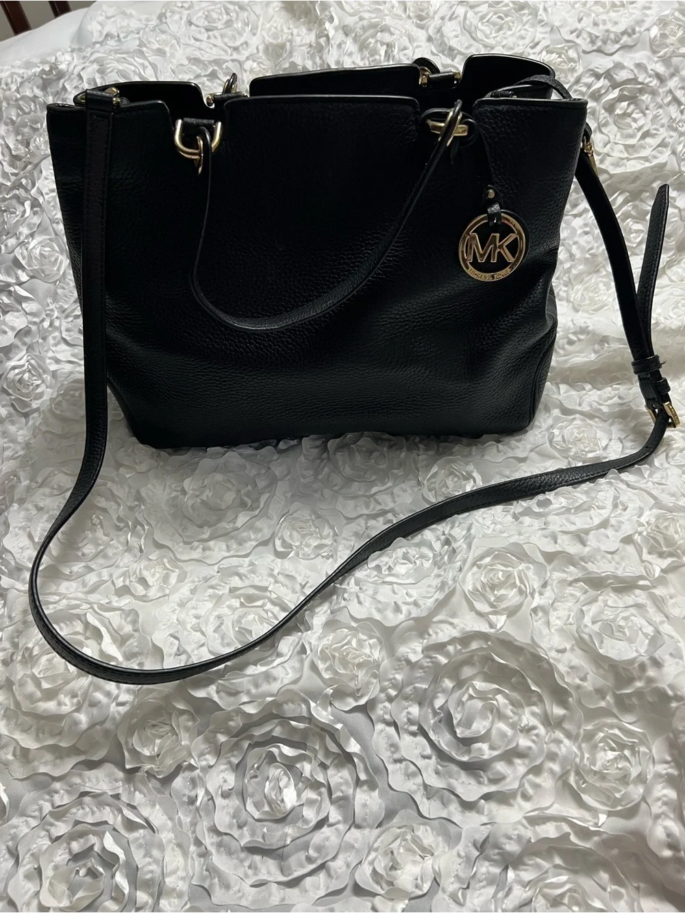 Michael Kors Black Pebbled Leather Shoulder Bag with Gold Hardware